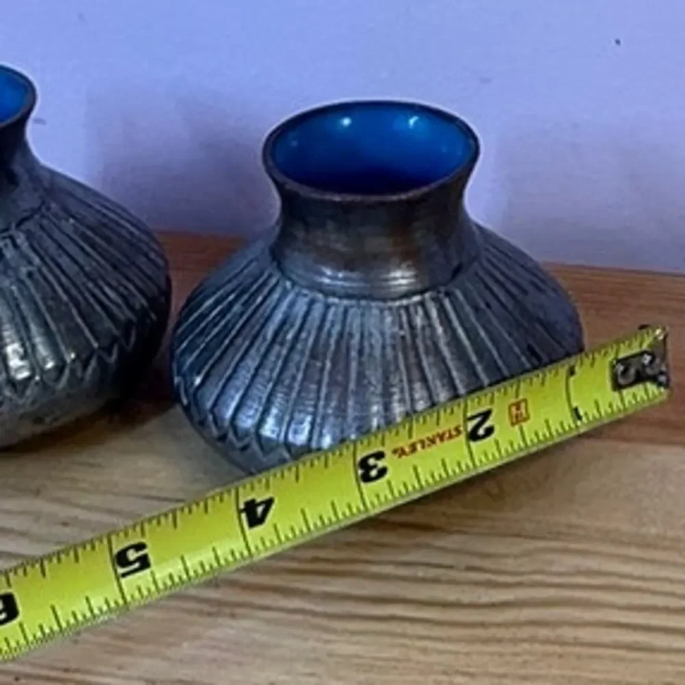 Vintage Pair Small Ribbed Metal Bud Vases Blue Enamel Interior China
